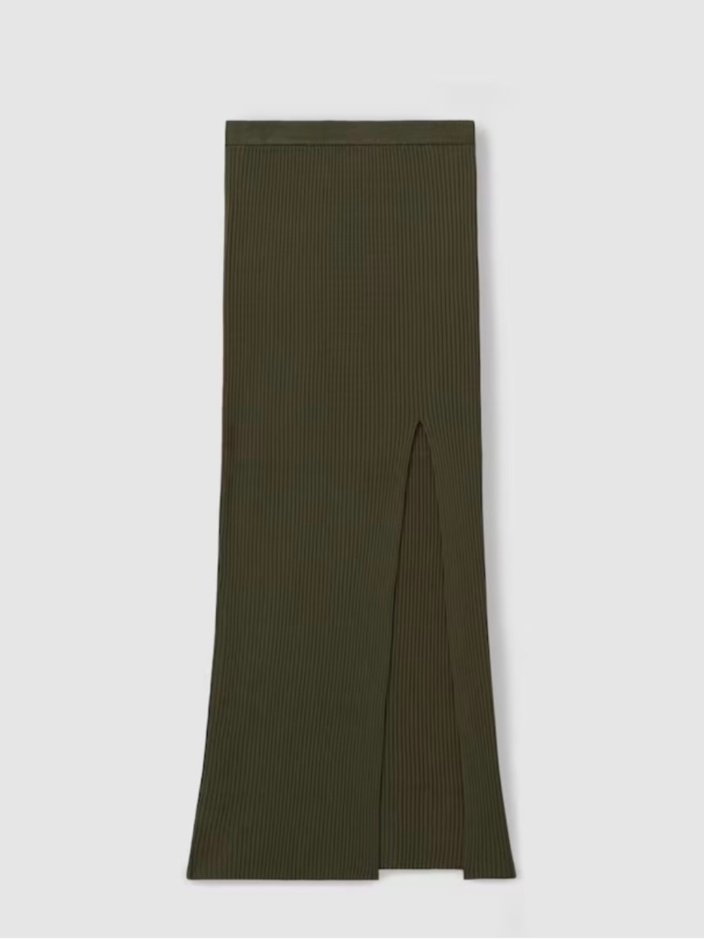Good American Olive Ribbed Midi Skirt with Front Slit